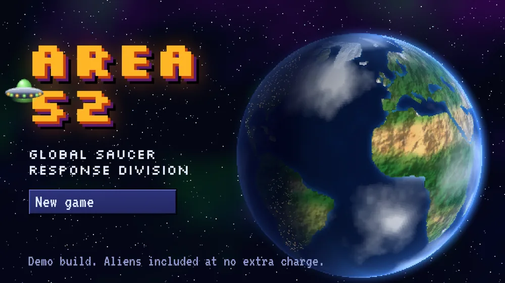 Area 52 title screen in pixel art, with a flying saucer passing Earth