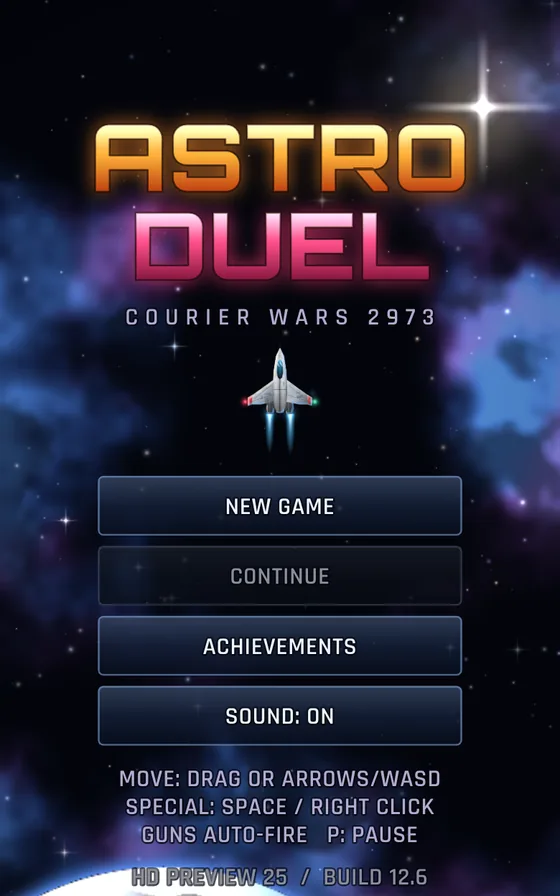 ASTRODUEL HD title screen with a fighter ship over a starfield and the New Game menu