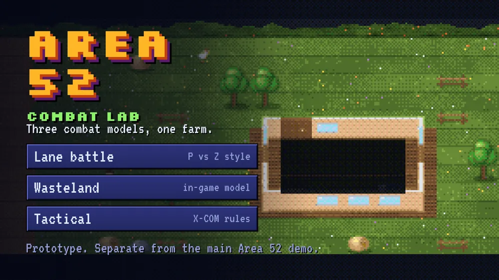 Area 52 Combat Lab menu over a pixel-art farm, offering lane battle, Wasteland and tactical modes