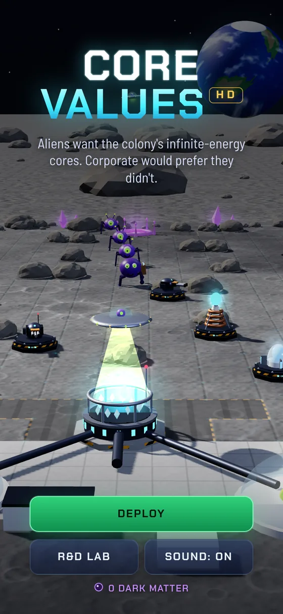 Core Values HD title screen showing a lunar colony defended by towers as alien saucers approach