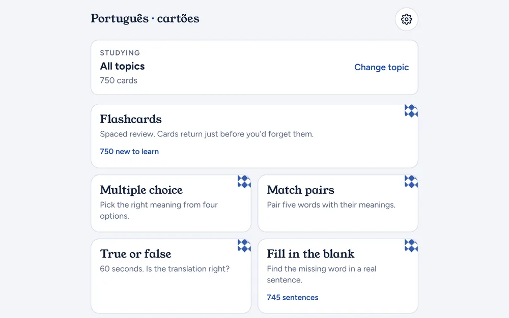 Portuguese Flashcards menu listing study modes: flashcards, multiple choice, match pairs, true or false and fill in the blank