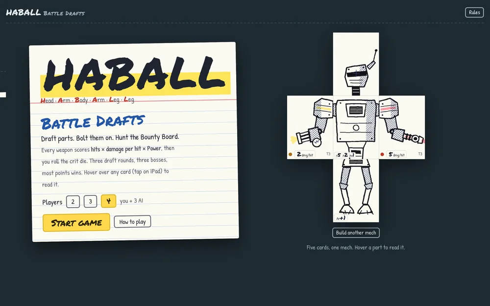 HABALL: Battle Drafts title card drawn in ballpoint, next to a sketched mech built from head, arm, body and leg cards