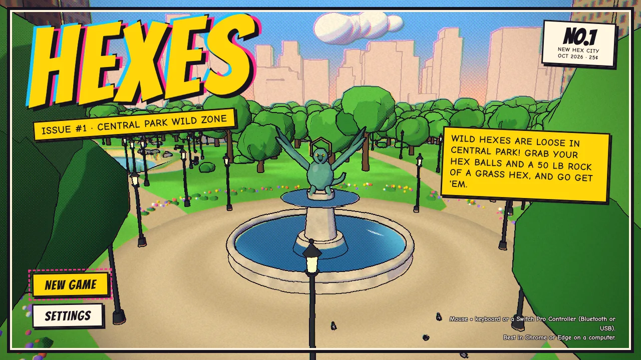 Hexes title screen drawn like a comic book cover, with a Central Park fountain and a wild Hex flying overhead