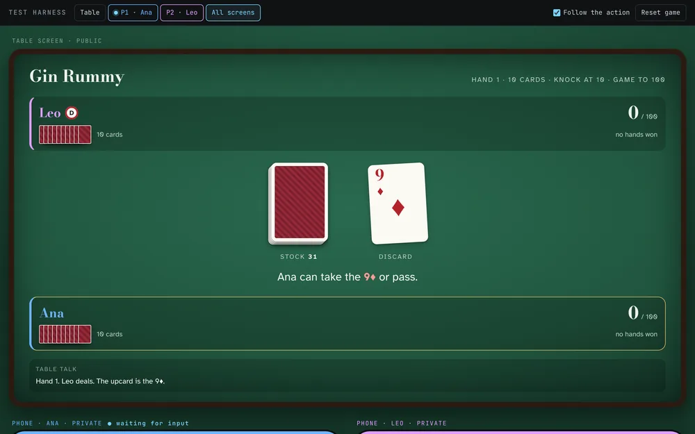 A green felt card table showing a Gin Rummy hand: stock pile, a nine of diamonds on the discard pile and both players' scores