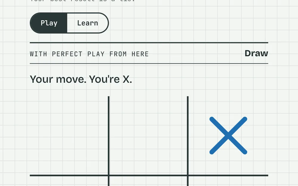 A tic-tac-toe game in progress against the computer: two blue X's and an orange O on a hand-drawn grid