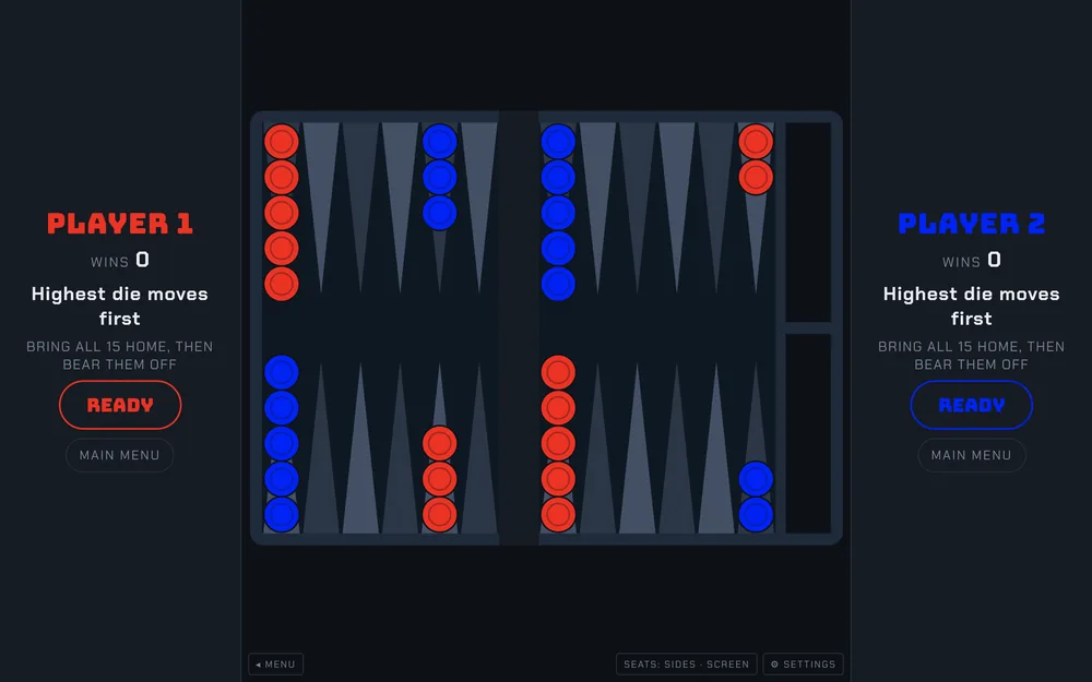 A backgammon board between Player 1 and Player 2 panels, laid out to be played from both sides of the screen