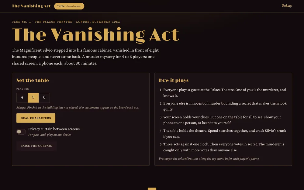 The Vanishing Act setup screen: a theatre playbill describing the case and how it plays